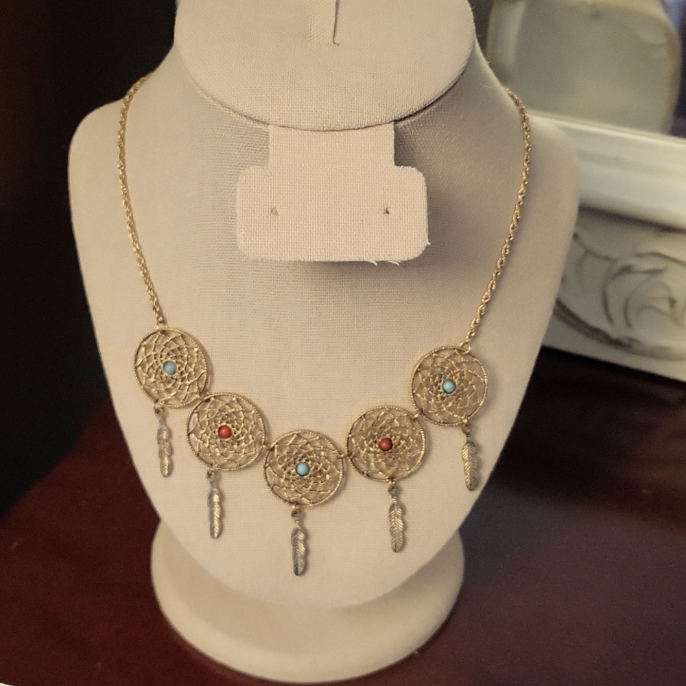 Gold Rope Chain Dream Catcher Necklace with Feathers and Beads